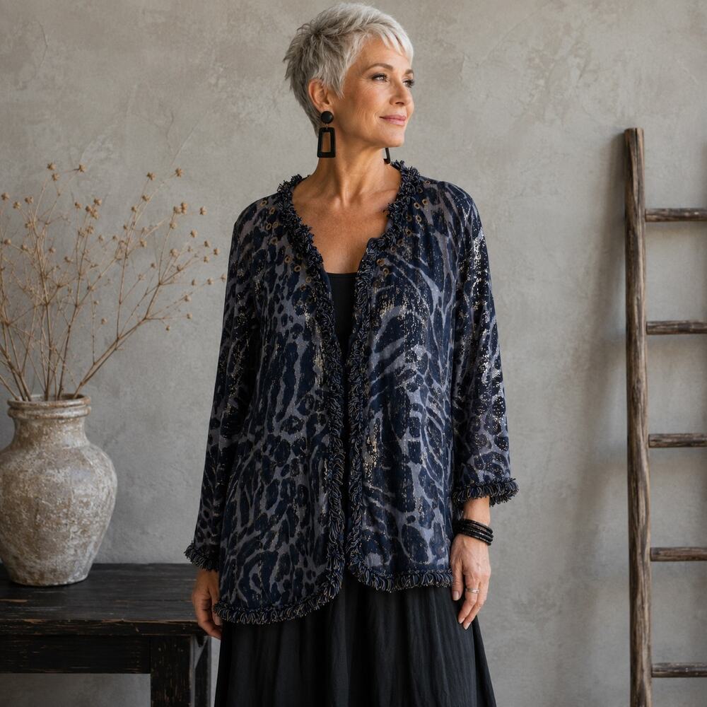 Chico's Blue Silver Animal Print Knit Fringe Cardigan 2